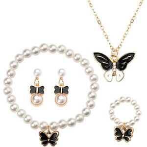 Elegant Black White Butterfly Jewelry Set: Necklace, Ring, Bracelet & Earrings
